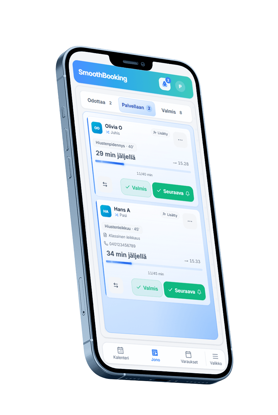 SmoothBooking Pro -jononäkymä puhelimen näytöllä