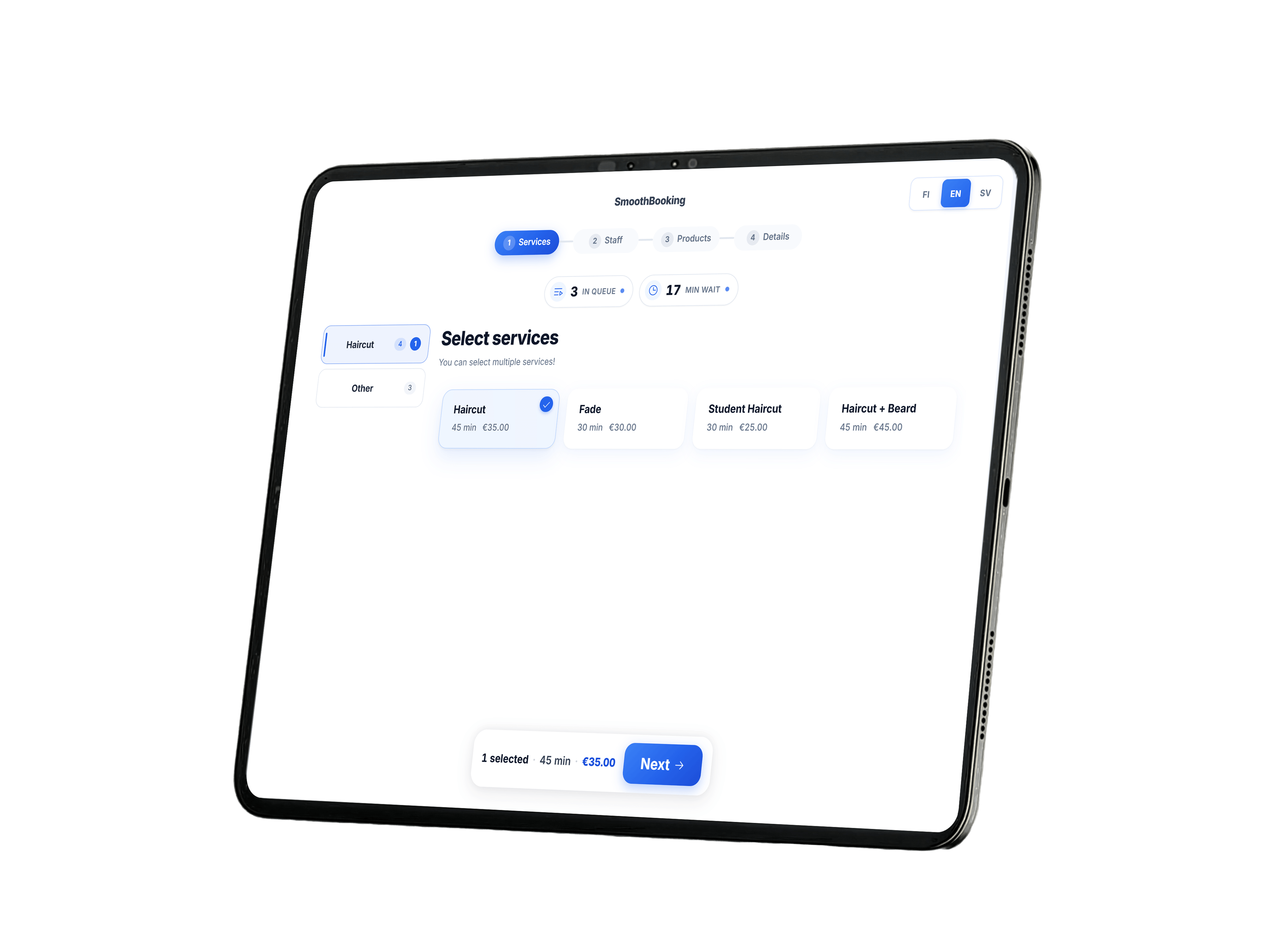 SmoothBooking walk-in -kioski iPadin näytöllä: asiakas valitsee palvelun ja liittyy jonoon
